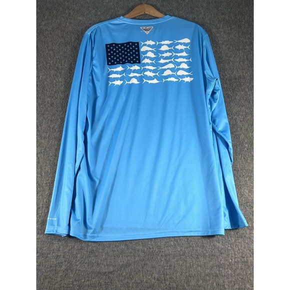 NWT COLUMBIA MEN'S PFG TBlue Omni-Shade L/S Shirt M UPF Sun Protection Fish Flag - Picture 2 of 9